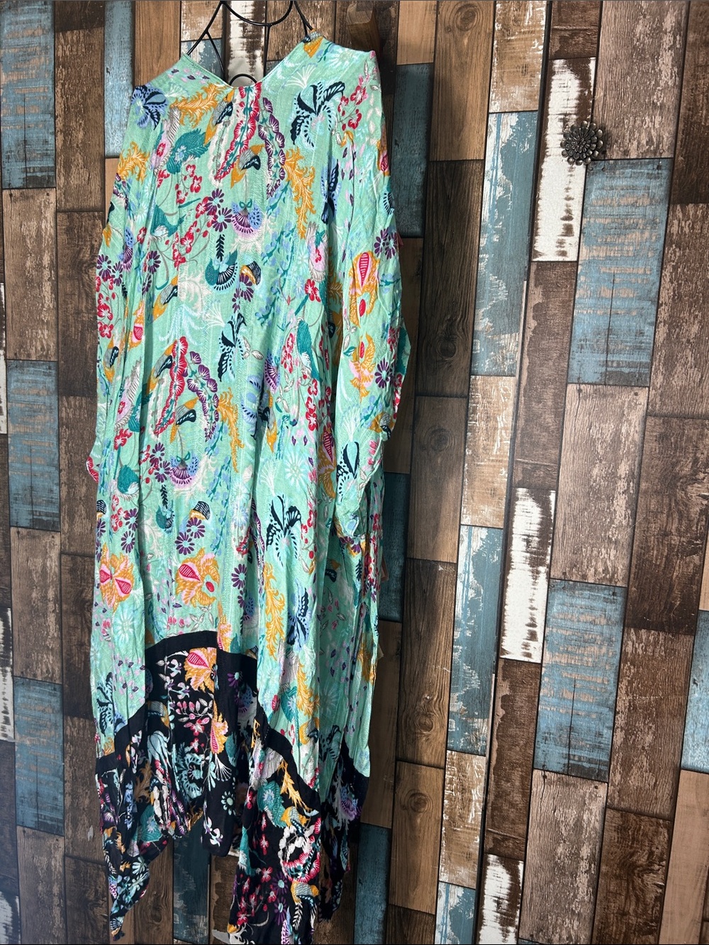 Angie Mint Floral Open-Front Kimono Tunic with Black Border - Picture 14 of 16